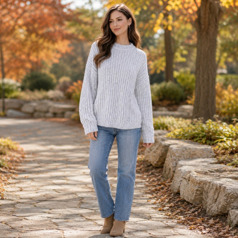 Happy Nature Womens XS Gray Chunky Ribbed Knit Crew Neck Sweater Relaxed Fit